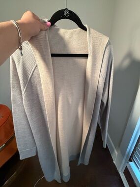 Athleta Two-Tone Taupe & Beige Hooded Open-Front Cardigan